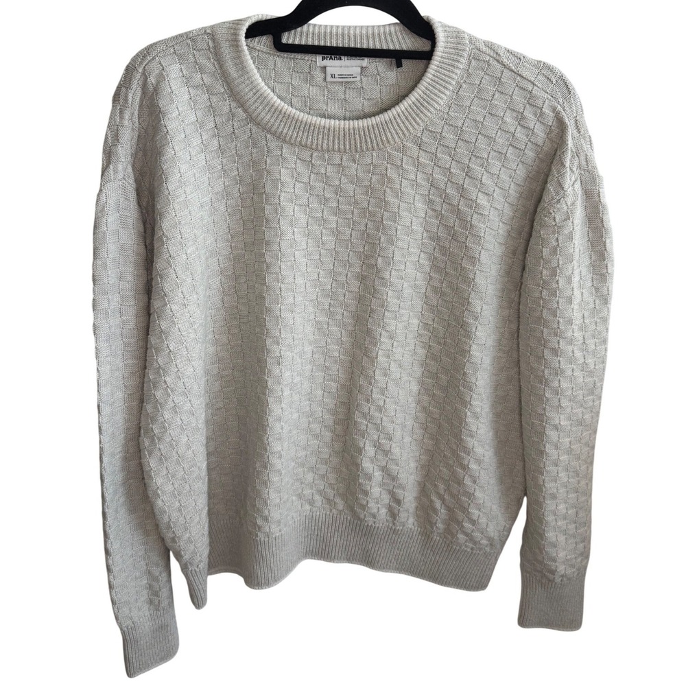 Prana Women's XL Textured Basketweave Crewneck Sweater Cream Organic Cotton Wool